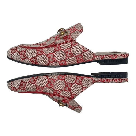 Gucci Princetown Horsebit Mule EU 37.5 US 7.5 Red GG Monogram Canvas Loafer Flat - Picture 6 of 12